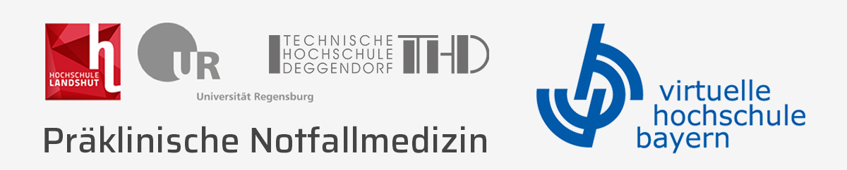 Titelbild: Präklinische Notfallmedizin. Logos: Hochschule Landshut, Universität Regensburg, Technische Hochschule Deggendorf