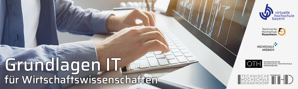 Titelbild Grundlagen IT fuer Wirtschaftswissenschaften; Person arbeitet am Computer; KI-generiert mit Adobe Firefly