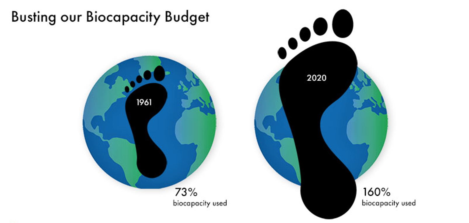 Comparison between the ecological footprint in 1961 (73% biocapacity used) and 2020 (160% biocapacity used).